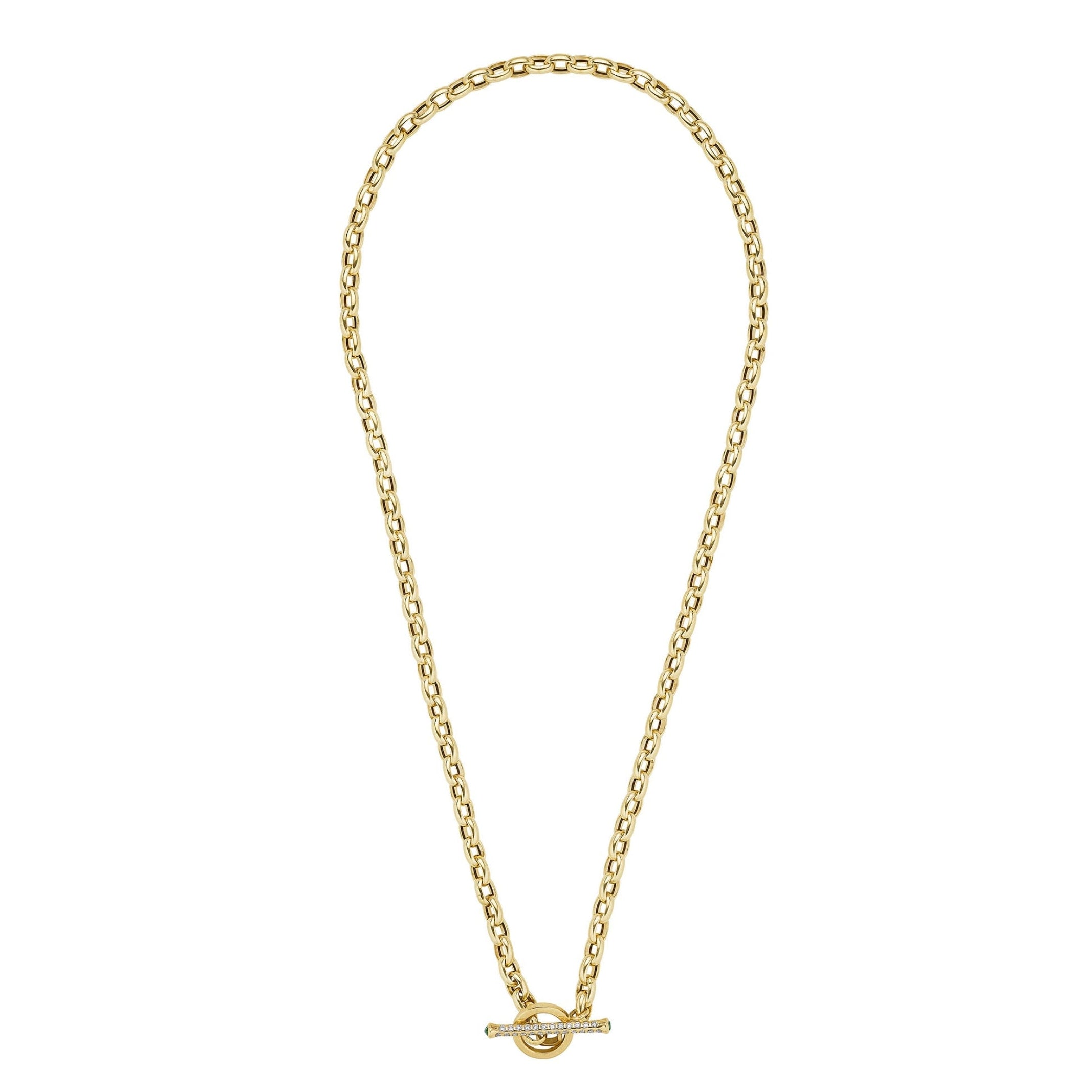 Oval Rolo Chain w/Emerald Charm Lock & Diamond Toggle