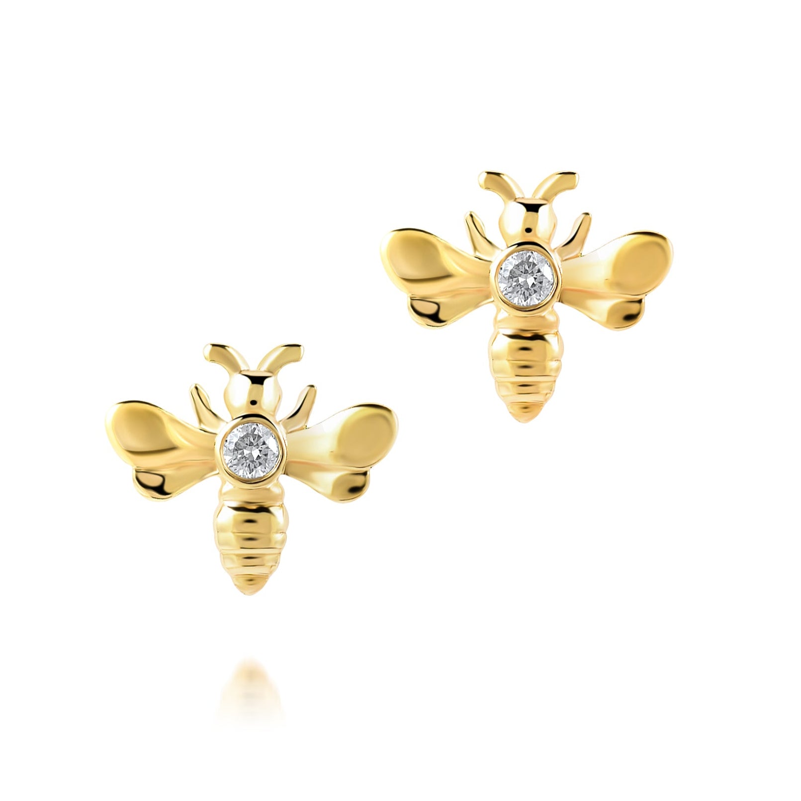 14K gold bee stud earrings with bezel-set diamonds, symbolizing abundance.