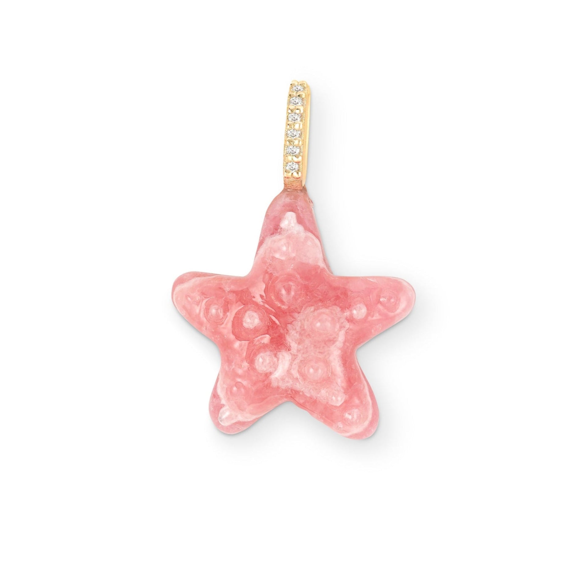 A pink rhodochrosite sea star charm with gold and diamond bail 