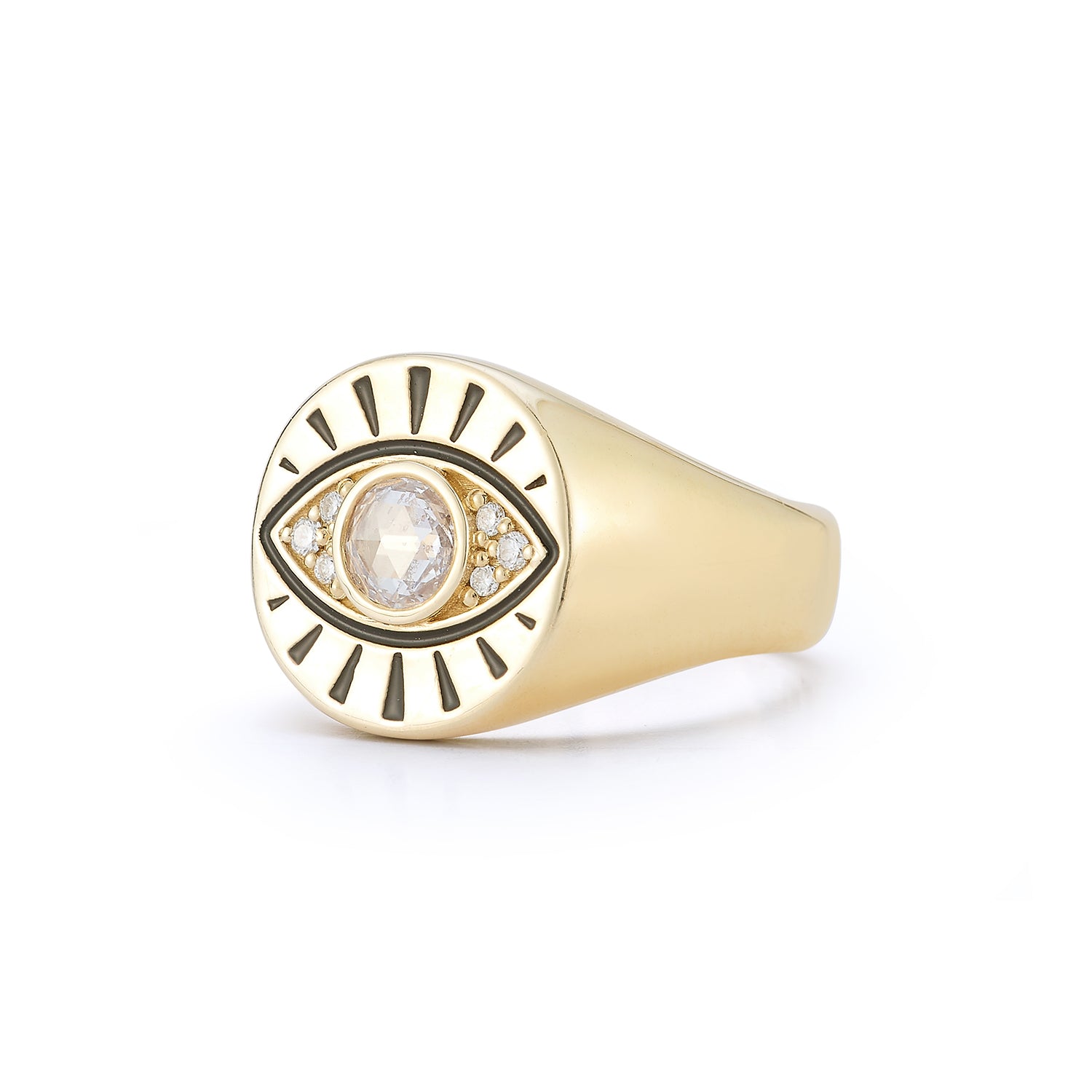 Side angle of gold Evil Eye signet ring showing sculptural band