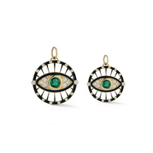 Load image into Gallery viewer, 14k gold evil eye pendant features a striking emerald center, surrounded by a halo of delicate diamonds
