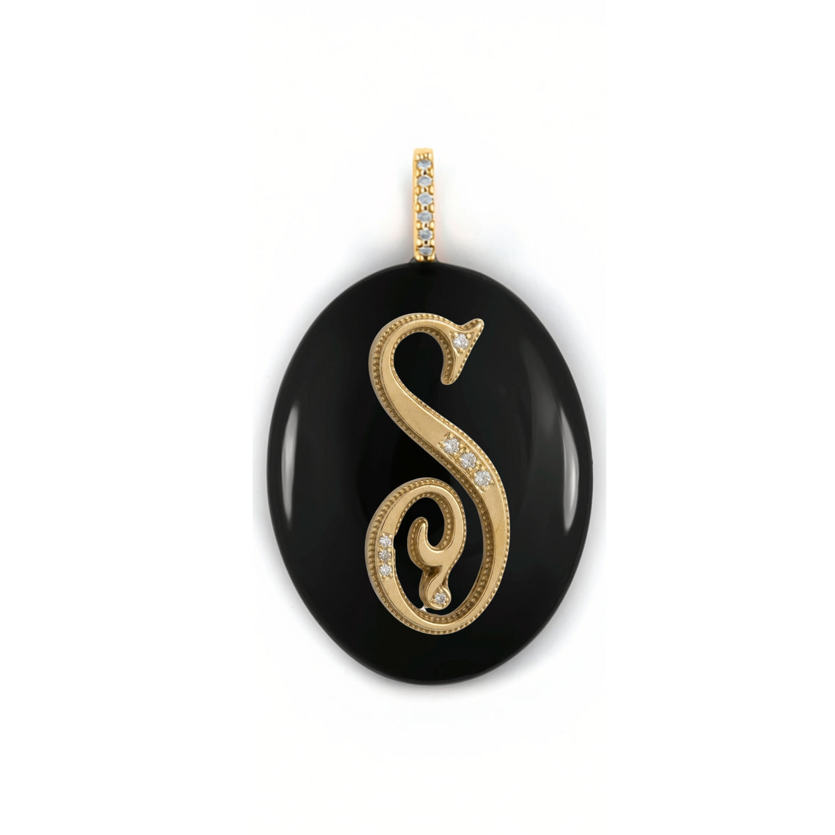 Large Oval Cabochon Monogram Pendant in black onyx with a gold diamond letter S, front view