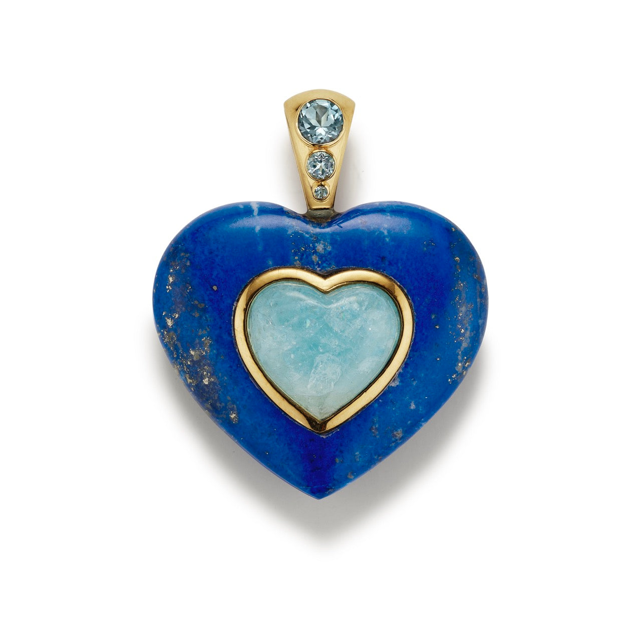 Heart-shaped pendant with blue stone and gold frame on a white background
