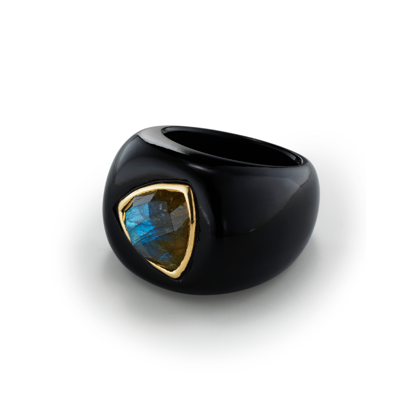 black onyx and labradorite sculptural stone ring