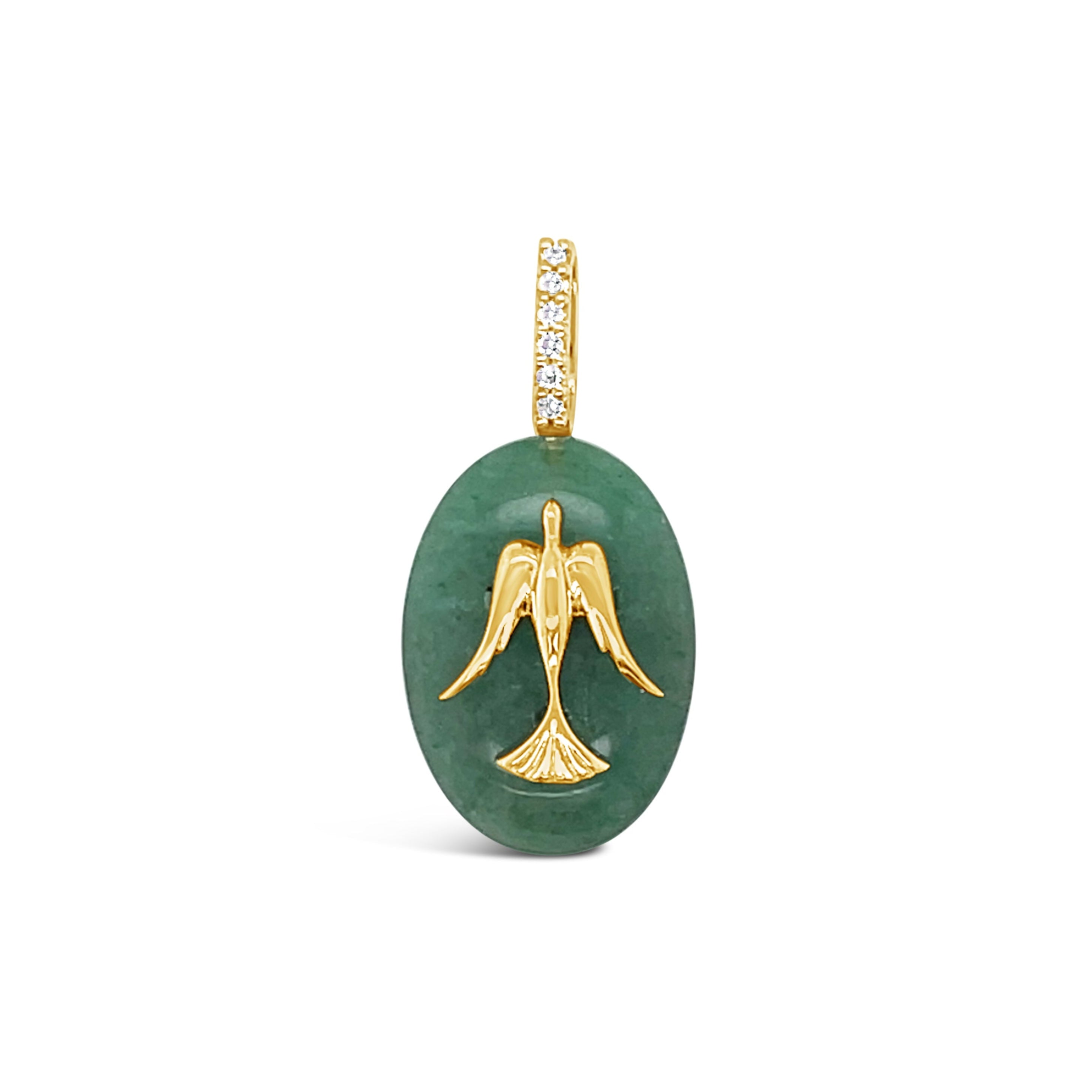 Green aventurine pendant with gold bird design 