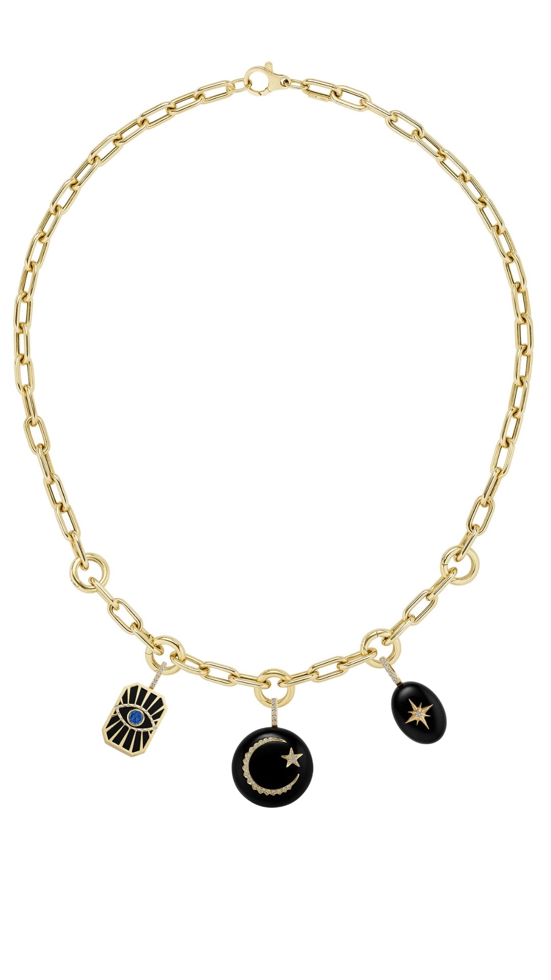 A gold chain necklace featuring three hanging charms: a black evil eye pendant with a blue gem, a black crescent moon and star pendant, and a black oval pendant with a gold star.
