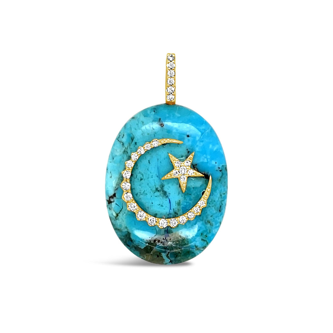 Turquoise Large Moon & Star Oval Cabochon Pendant- front-2