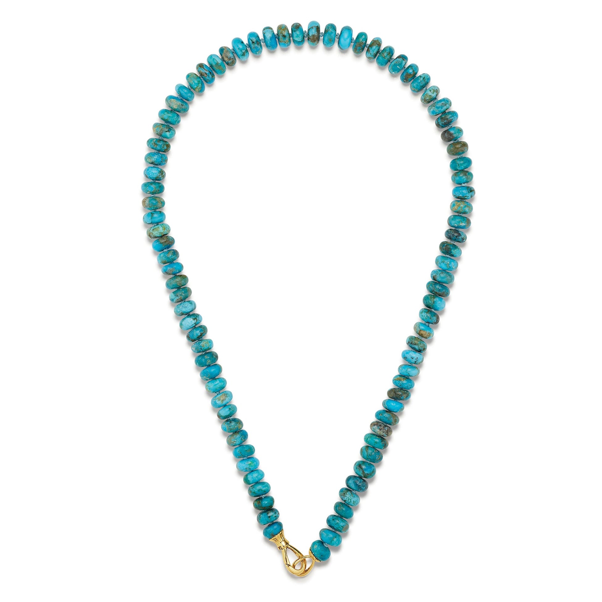 Necklace with blue beads and a gold clasp on a white background