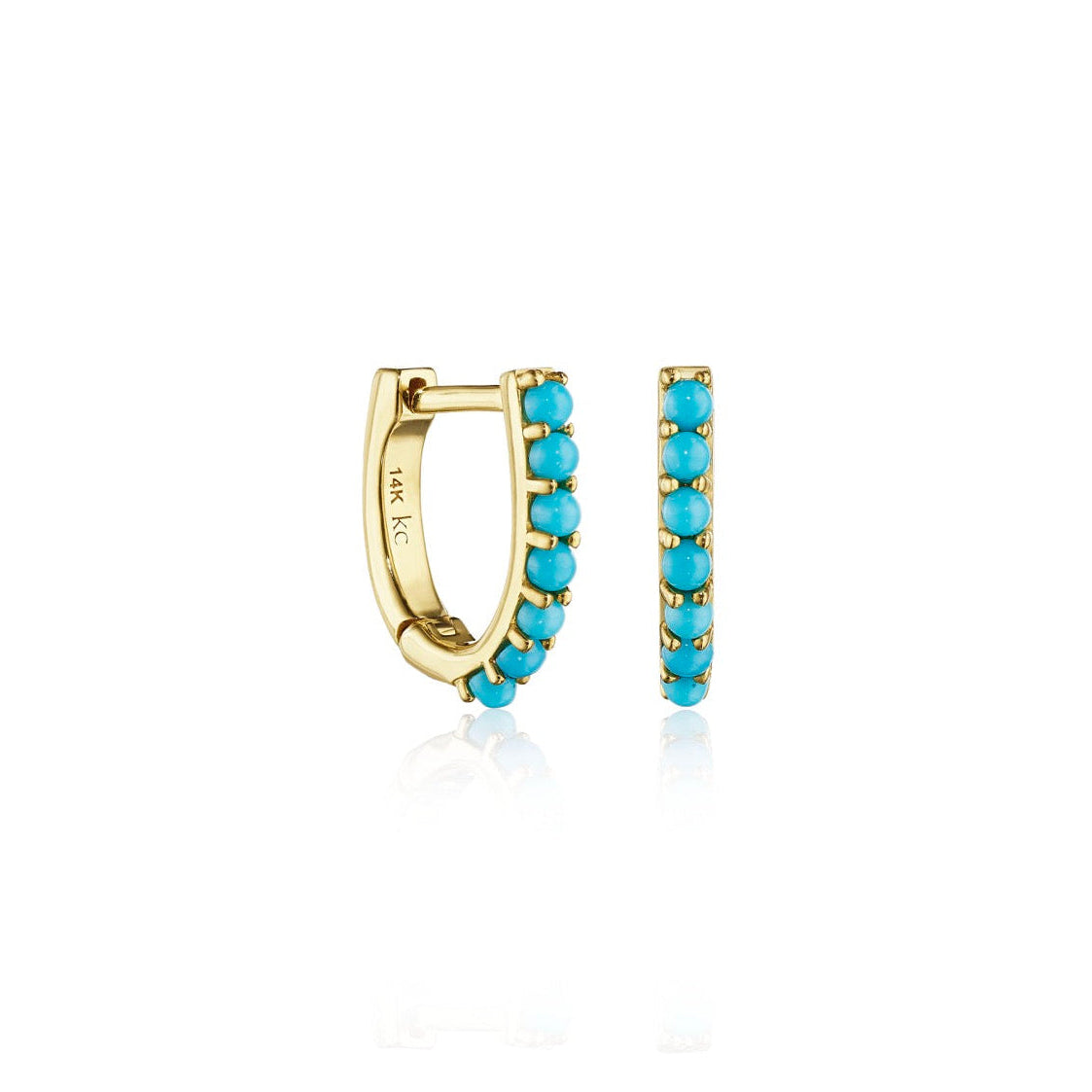 Gold hoop earrings with turquoise stones on a white background