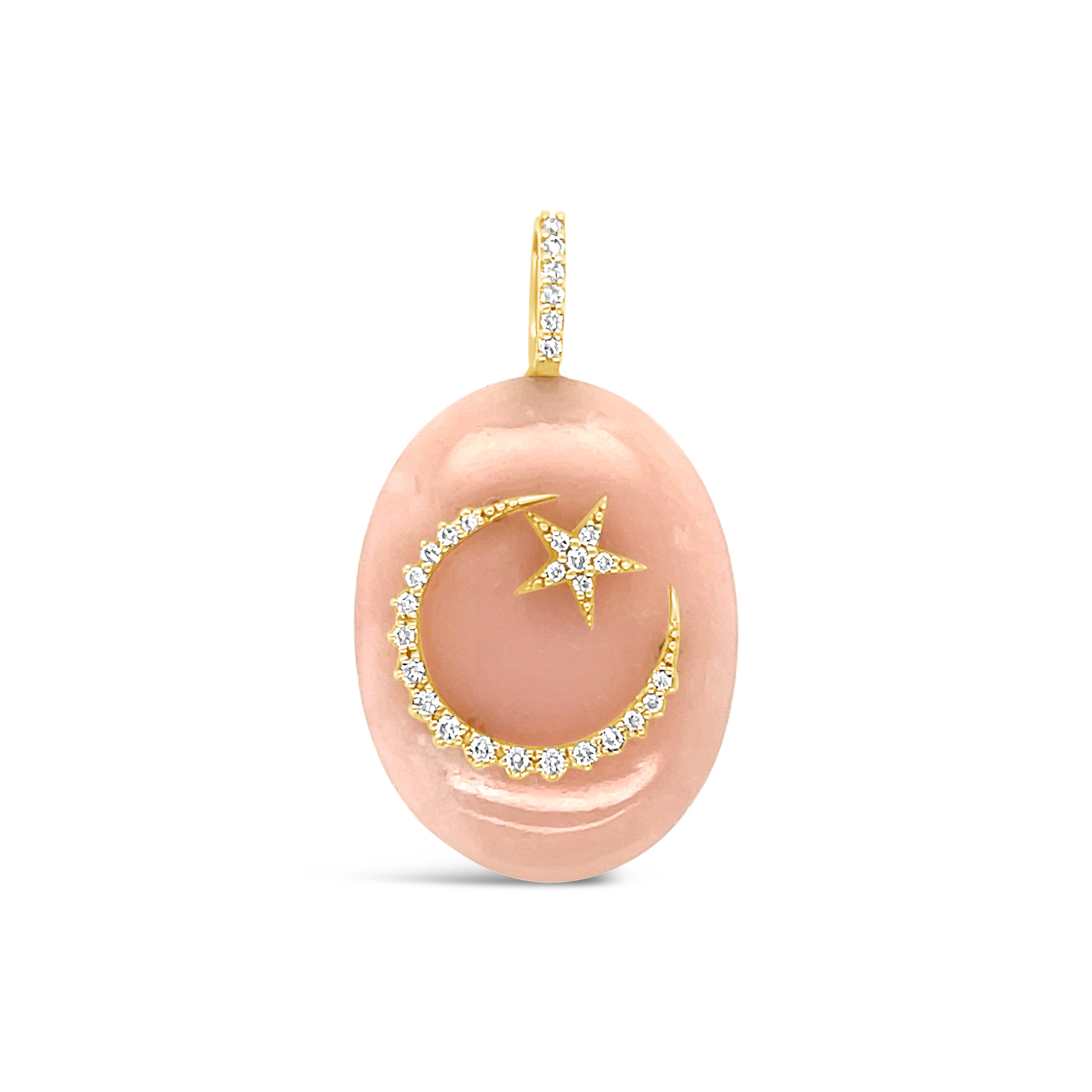 Large oval pink opal cabochon pendant with 14K gold moon-and-star and diamond bail