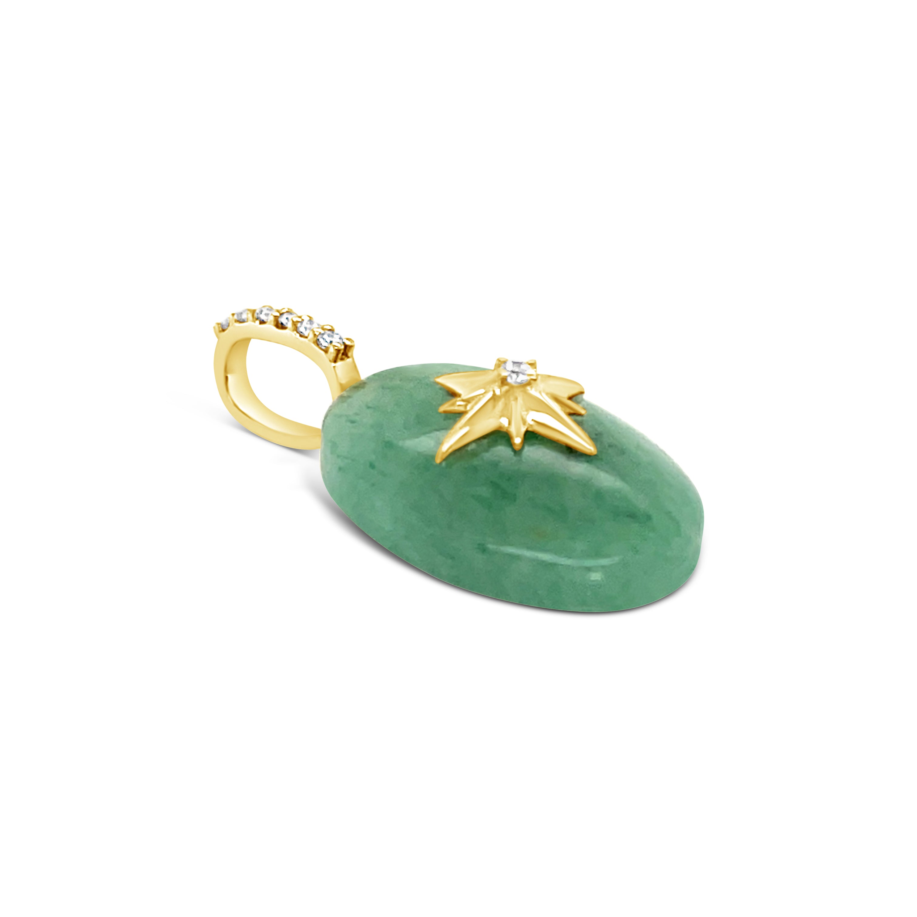 Side view of green aventurine cabochon pendant showing gold starburst detail