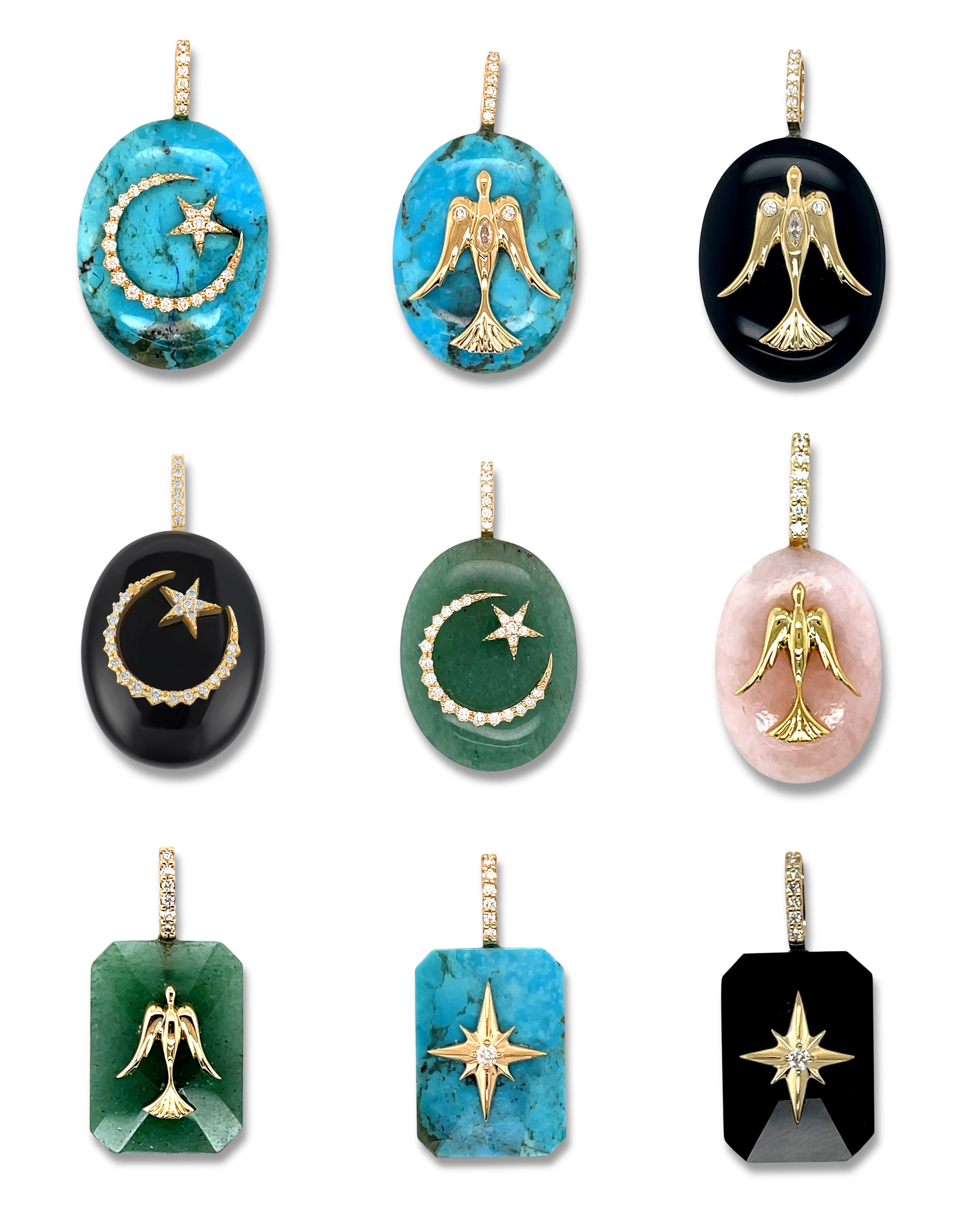 Grid of cabochon pendants in turquoise, onyx, pink opal, and aventurine