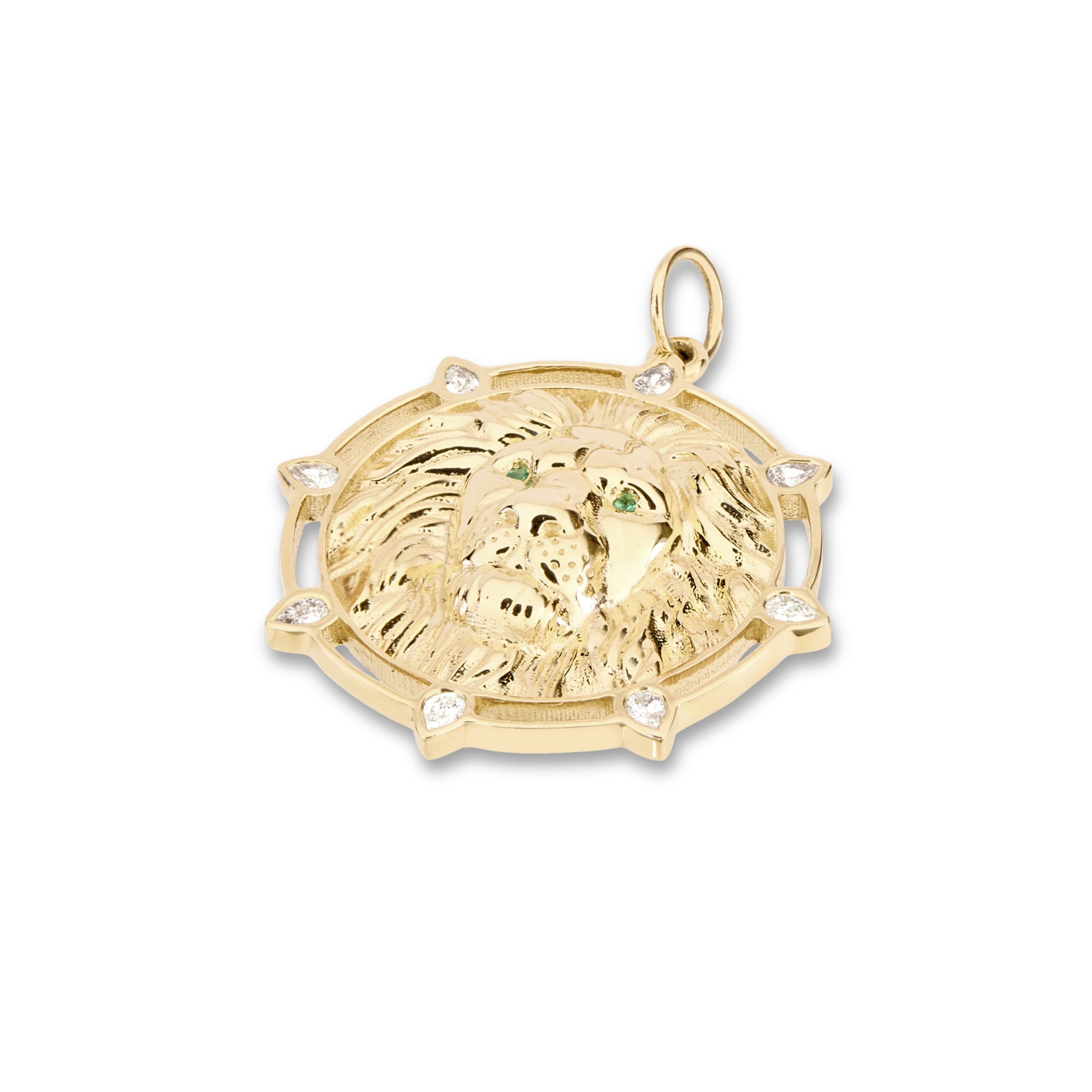 Side view of 14K gold lion charm with diamond and emerald details