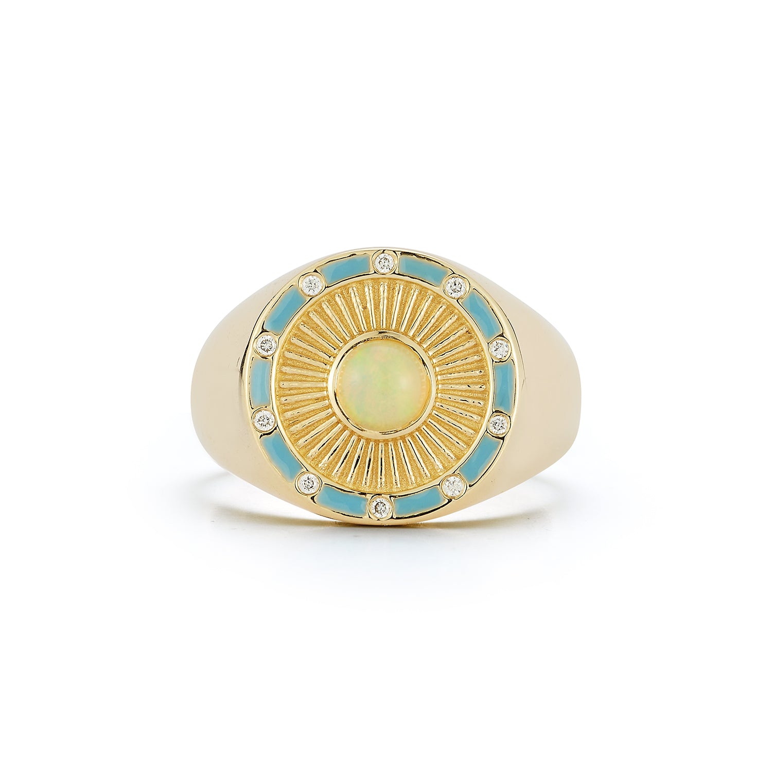Clarity Signet Ring in 14k gold with opal cabochon and diamond halo by Kate Collins Jewelry