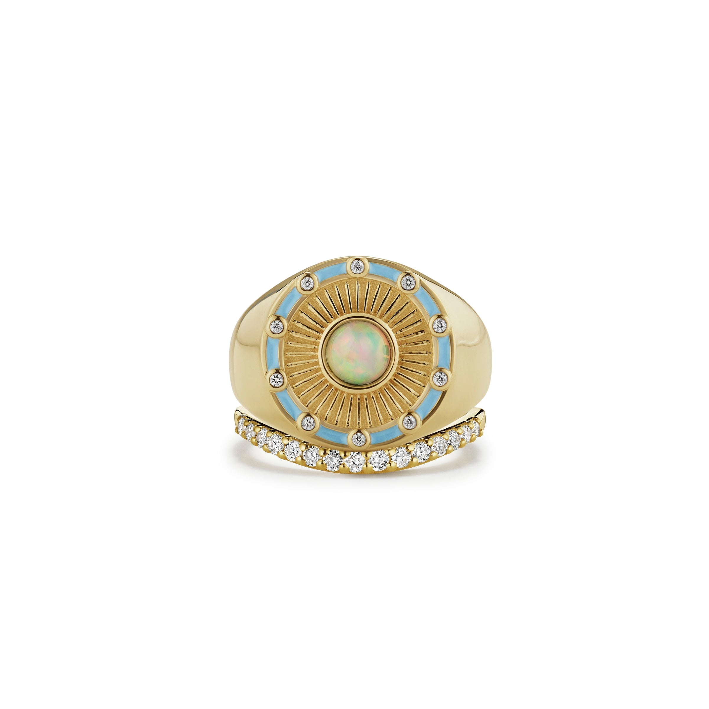 opal sunburst signet ring with half eternity diamond contour band