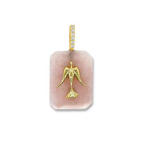 Pink opal stone pendant with gold dove design 