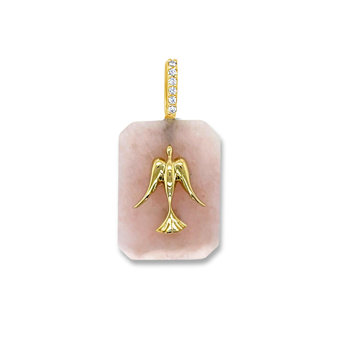 Pink opal stone pendant with gold dove design 