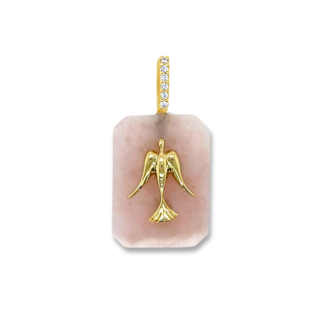 Pink opal stone pendant with gold dove design 