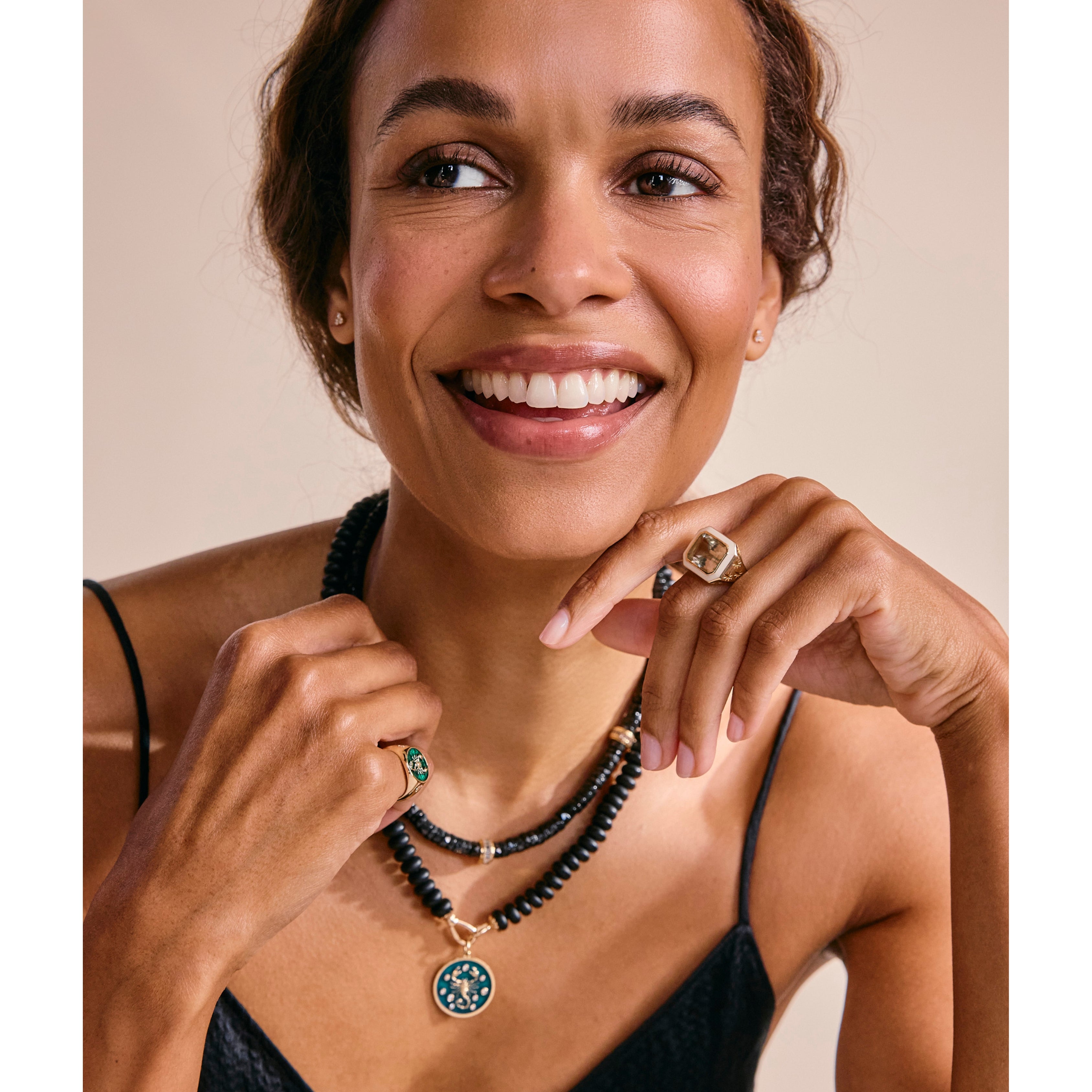 Model wearing Starlit Ring and coordinating Celestial jewelry