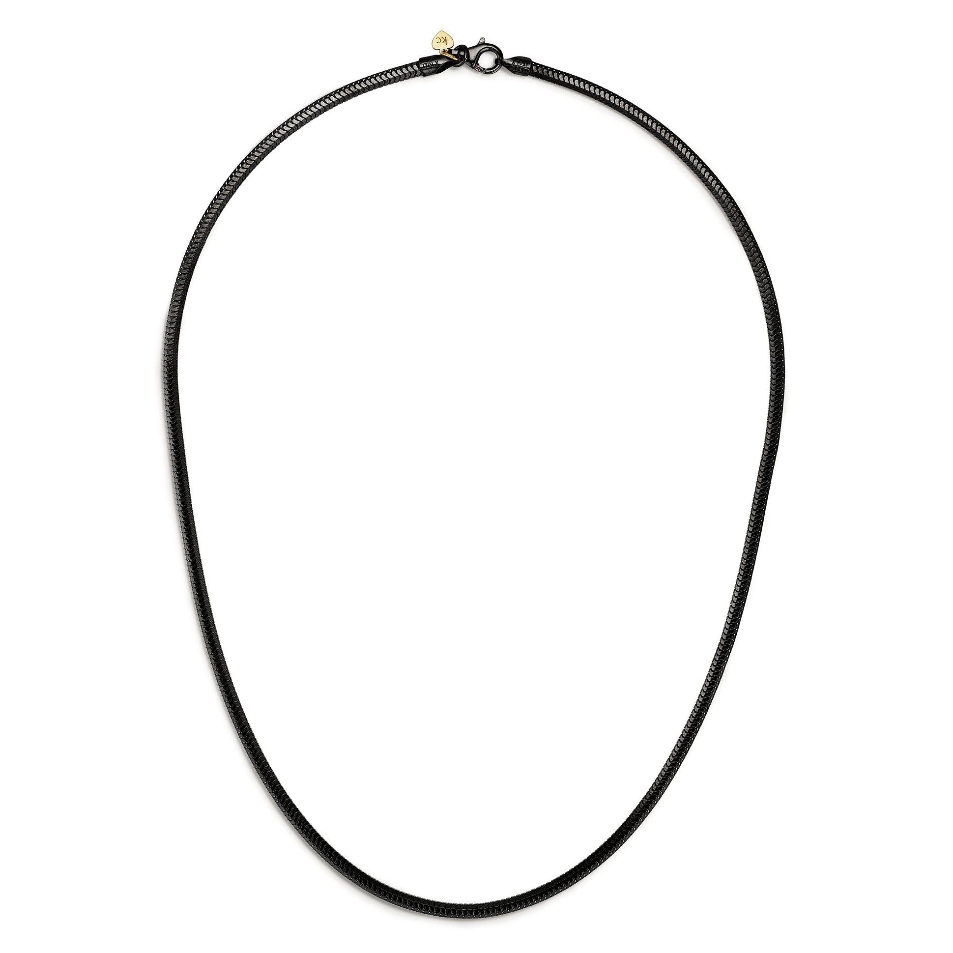 A sterling silver snake chain with a black rhodium finish on a white background.