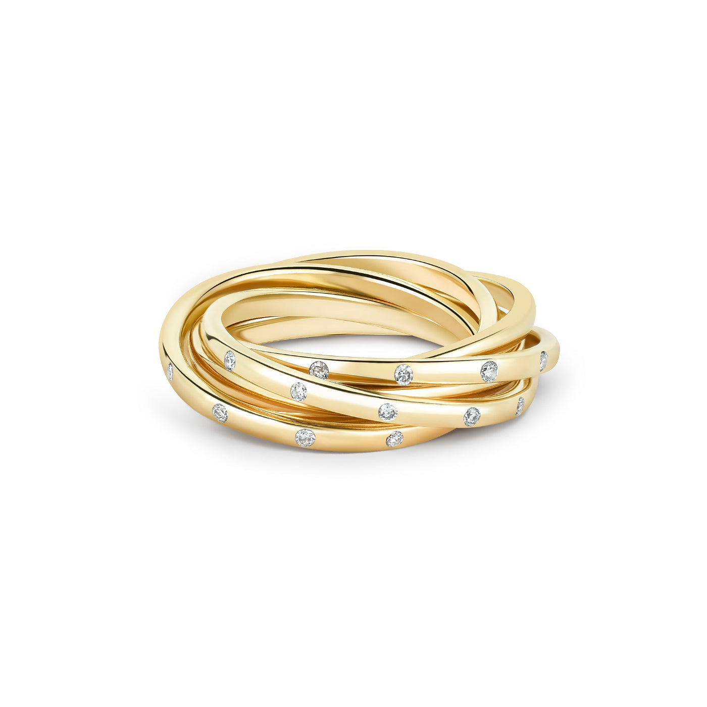 A yellow gold rolling ring with interwoven bands, some of which are diamond-studded.