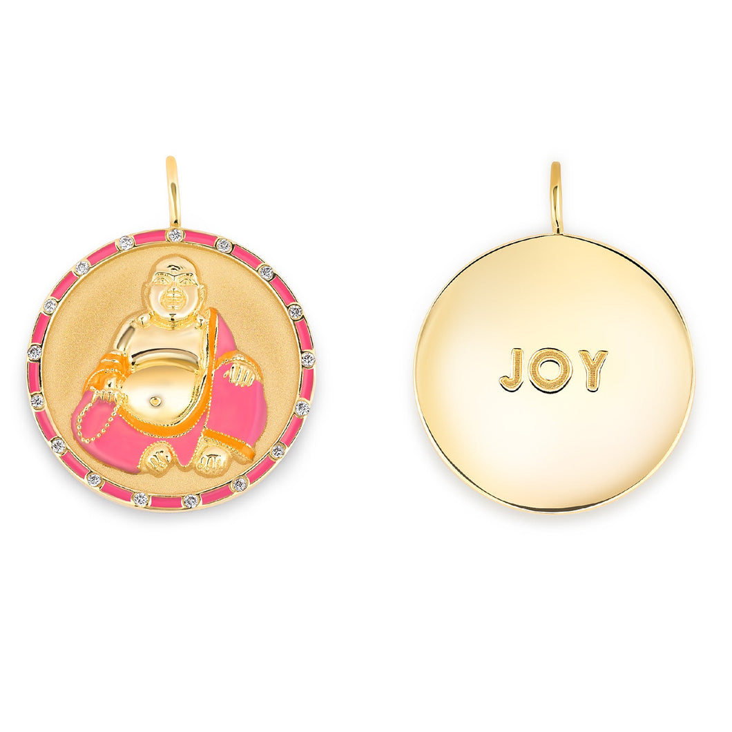  gold, diamond, and pink enamel Joy Buddha Pendant 